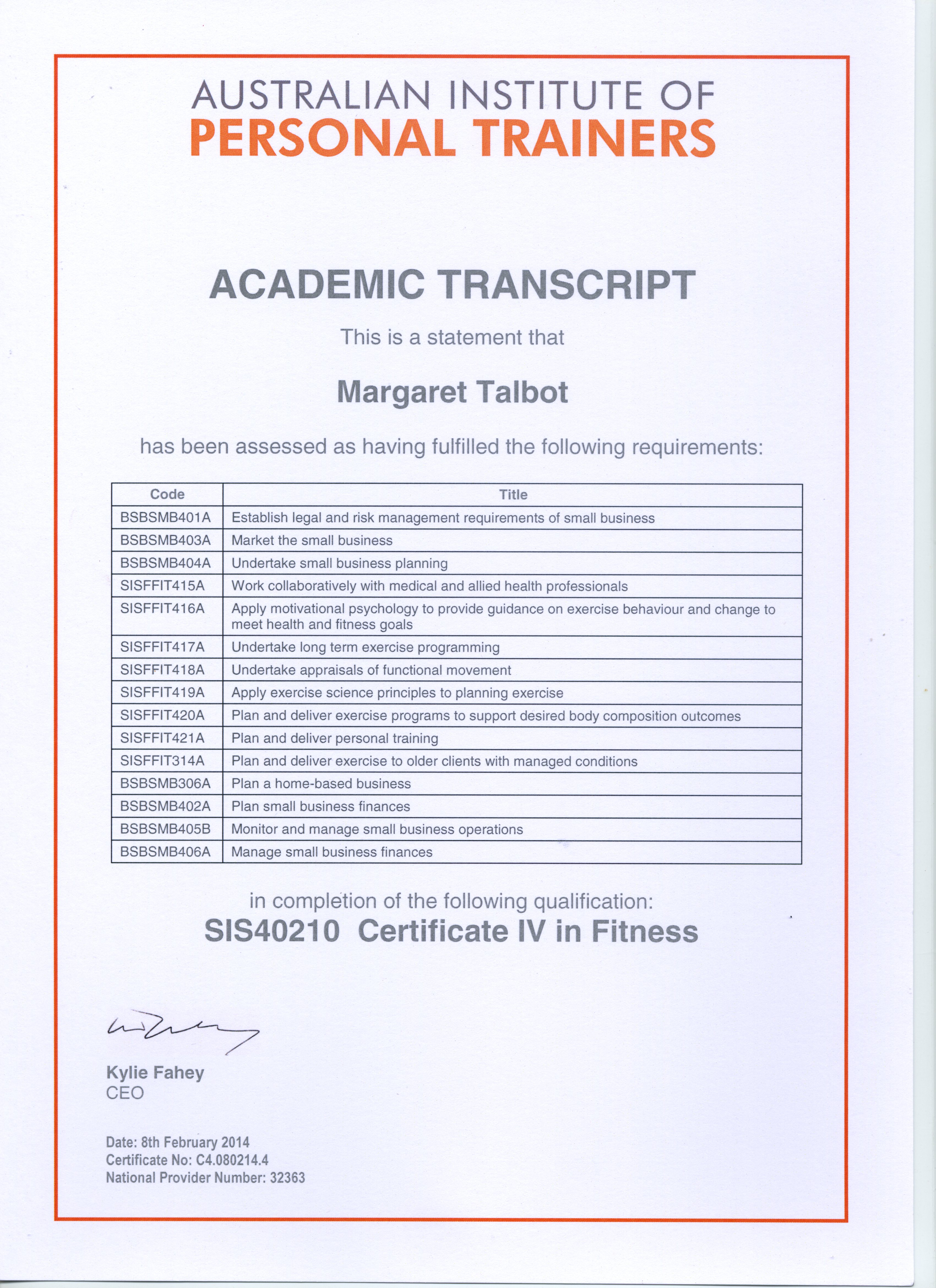 Certificate IV in Fitness SIS40210 AIPT Transcript P1 and 2