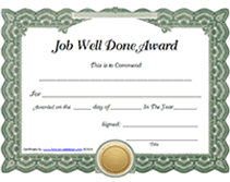 Printable Job Well Done Award Certificates Templates