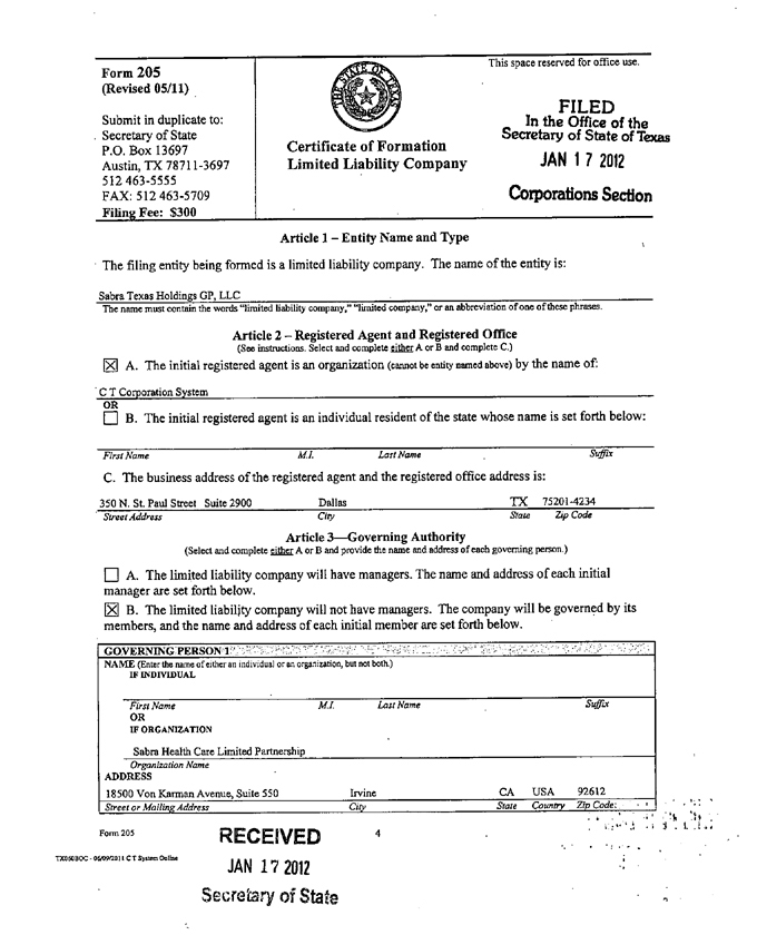 Certificate of Formation of Sabra Texas Holdings GP, LLP