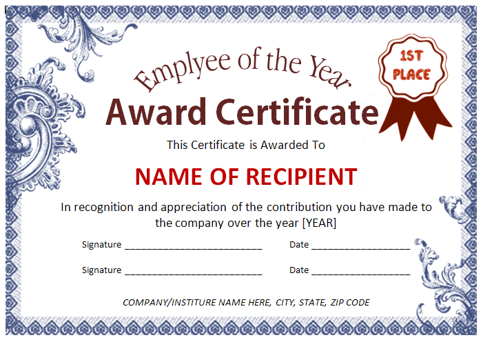 sample award certificate template employee award certificate 