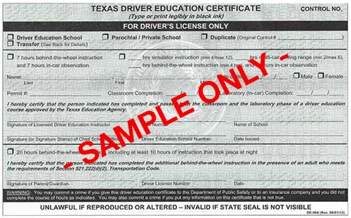Texas Driver Education Certificate DE 964 Parent Taught Course