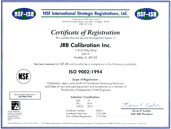 JRB Calibration | ISO 9000 Certification