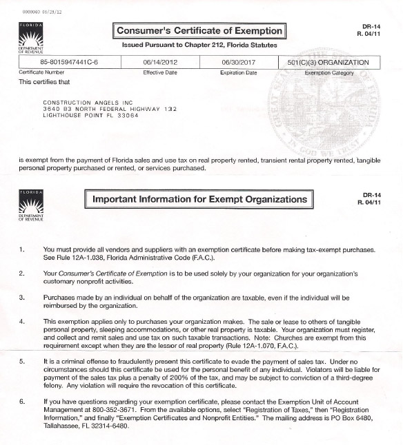 Construction Angels | 501 (c) (3) Tax Exempt Certificate