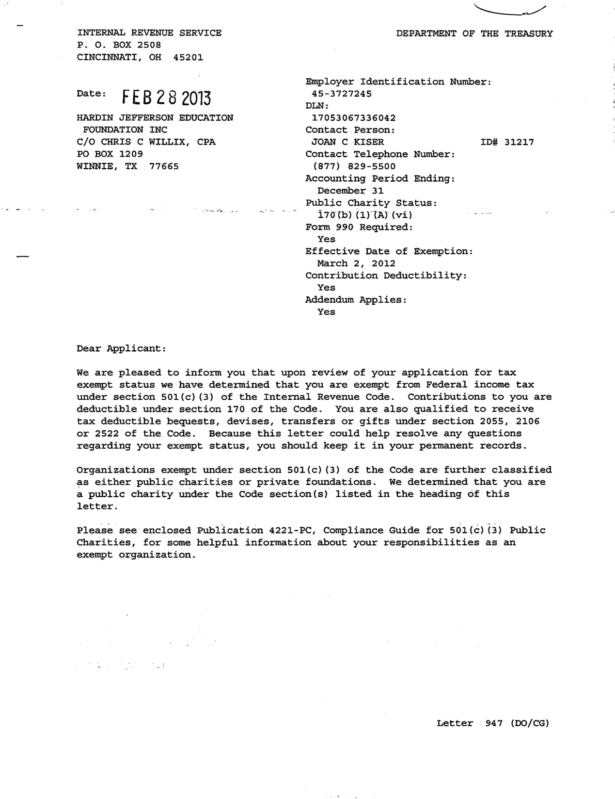 501c3 Certificates Hardin Jefferson ISD