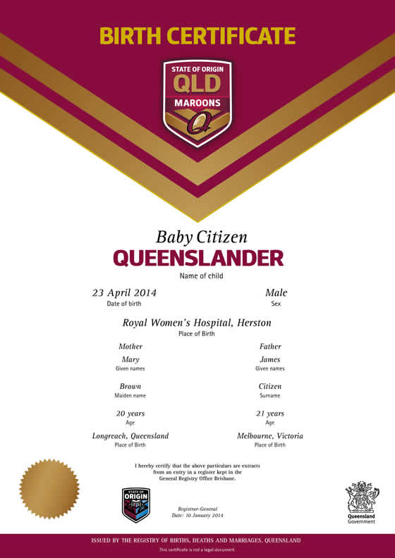 Queensland commemorative birth certificates | Your rights, crime 