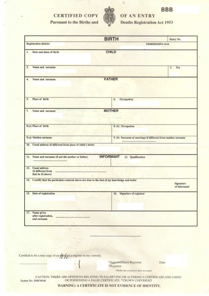 Printable Birth Certificate UK