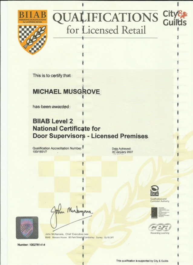 Level 2 City & Guilds Certificate for Door Spuervisor in Licensed Ret…