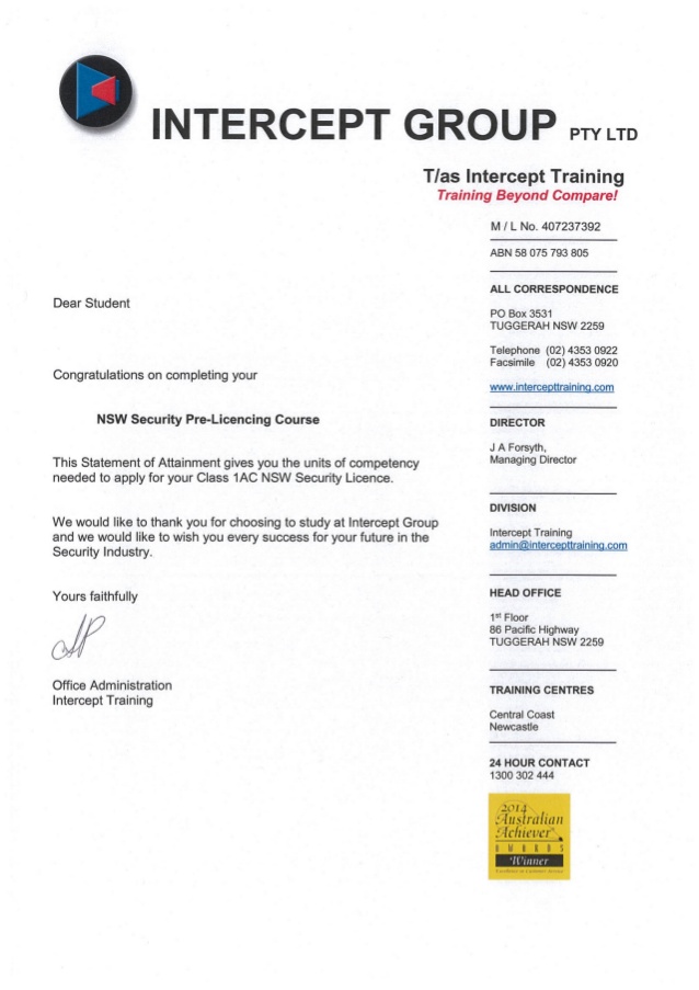 Statement of Attainment Certificate II in Security Operations Coverin… Statement of Attainment Certificate II in Security Operations Coverin…