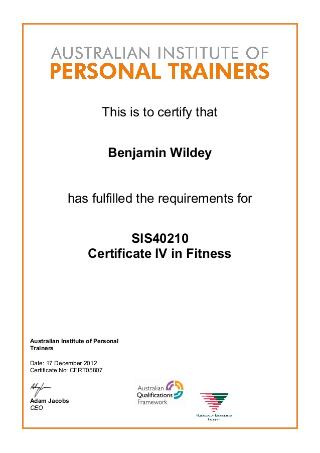 Certificate IV in Fitness SIS40210 AIPT Dec 2012