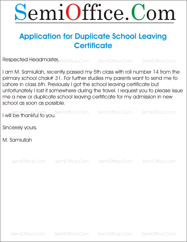Sample Application Letter For Duplicate School Leaving Certificate 
