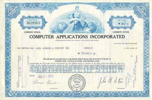 Computer Applications Incorporated (CAI) Stock Certificate 1970 Computer Applications Incorporated (CAI) Stock Certificate 1970