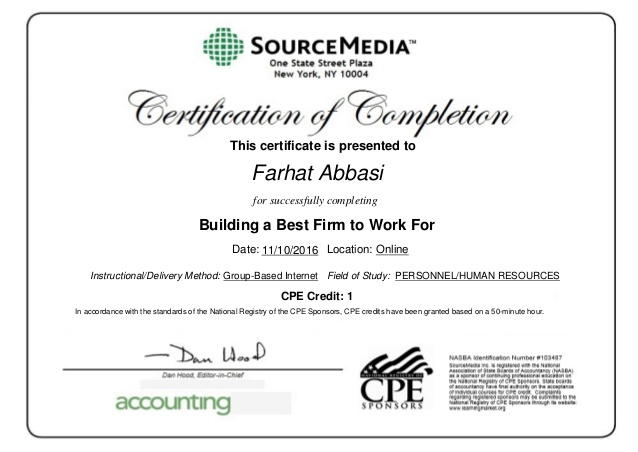 Certificate of completion Building a Best Firm to Work For