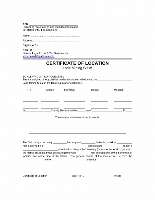 CERTIFICATE OF LOCATION (Lode Mining Claim) Nevada Legal Forms 