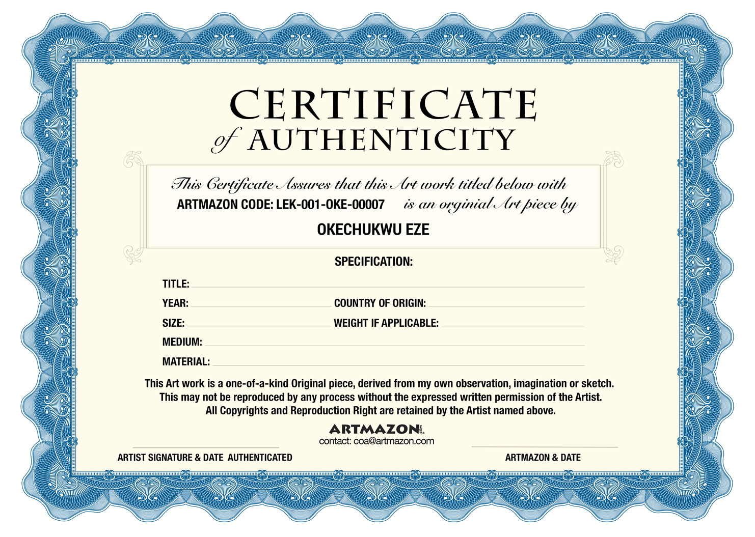 COA (Certificate of Authenticity)