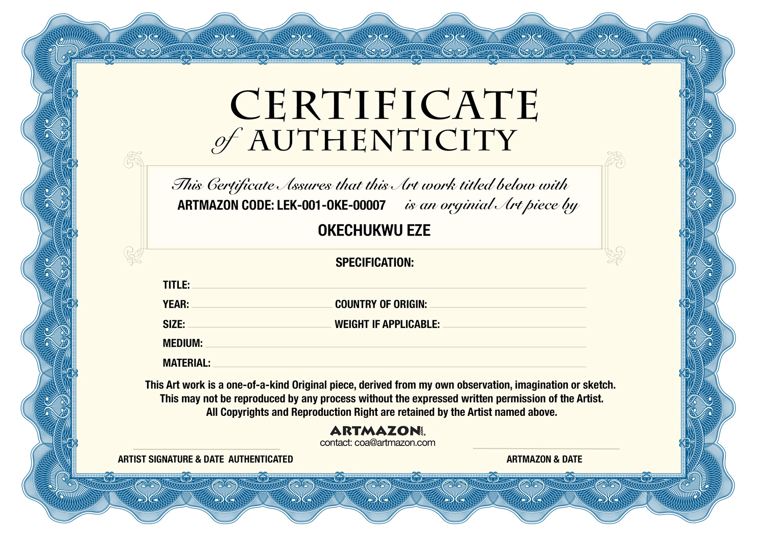 Certificate Of Authenticity For Artwork Template