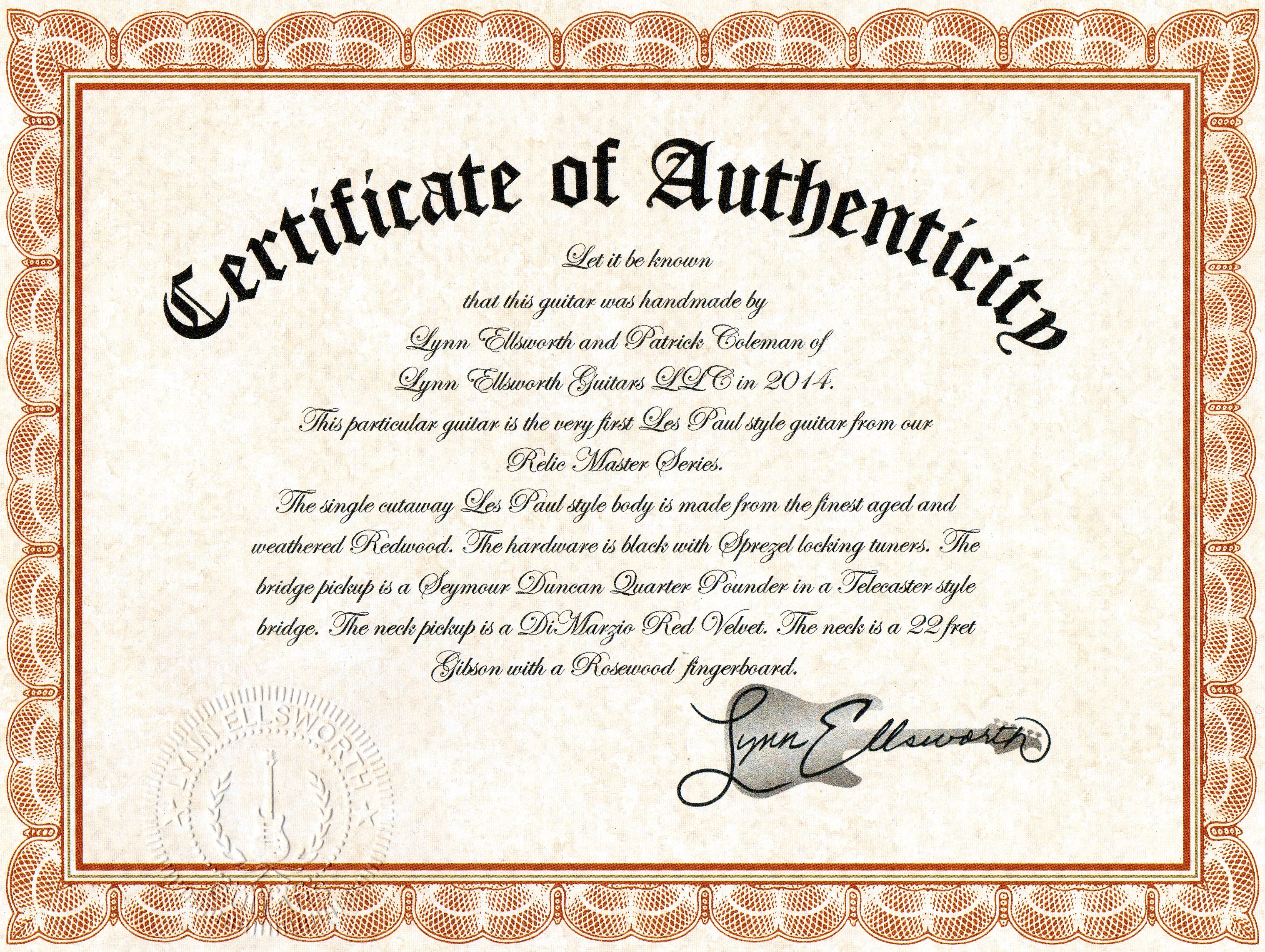 Certificate of Authenticity | Lynn Ellsworth Guitars
