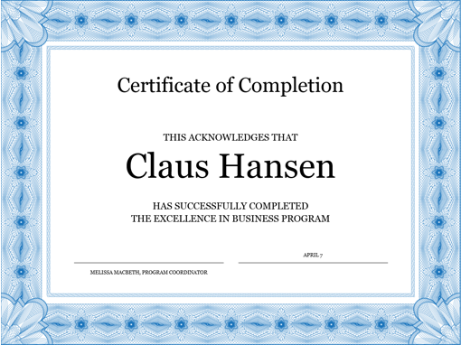 Certificate of completion (blue) Office Templates