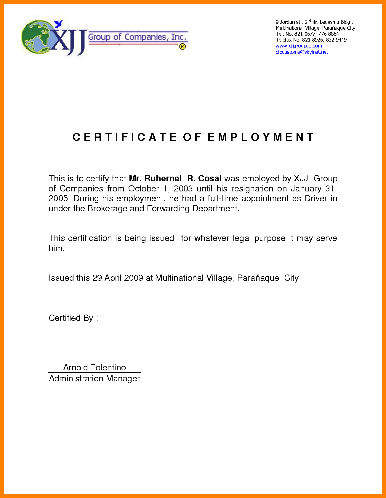 Employment Certificate Template | Microsoft Word Templates