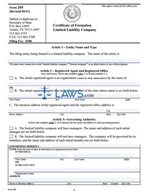 Form TX Certificate of Formation for a Limited Liability Company 