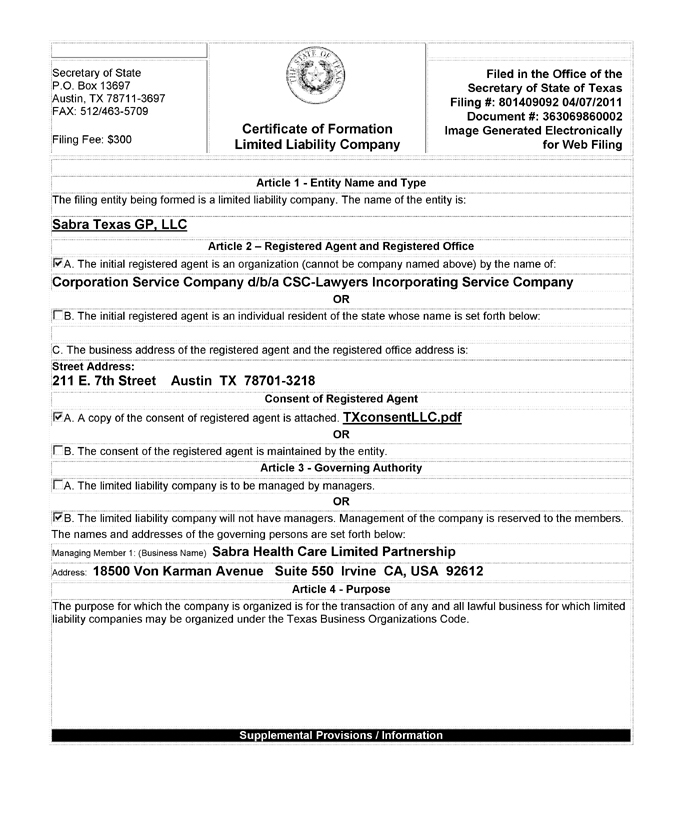Certificate of Formation of Sabra Texas GP, LLC