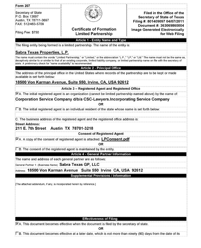 Certificate of Formation of Sabra Texas Properties, L.P.