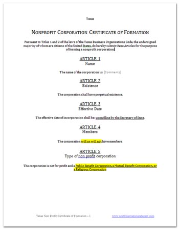 Free Texas Certificate of Formation nonprofit corporation