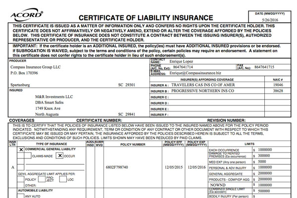 Certificate of Insurance Sample — White Avenue Studio