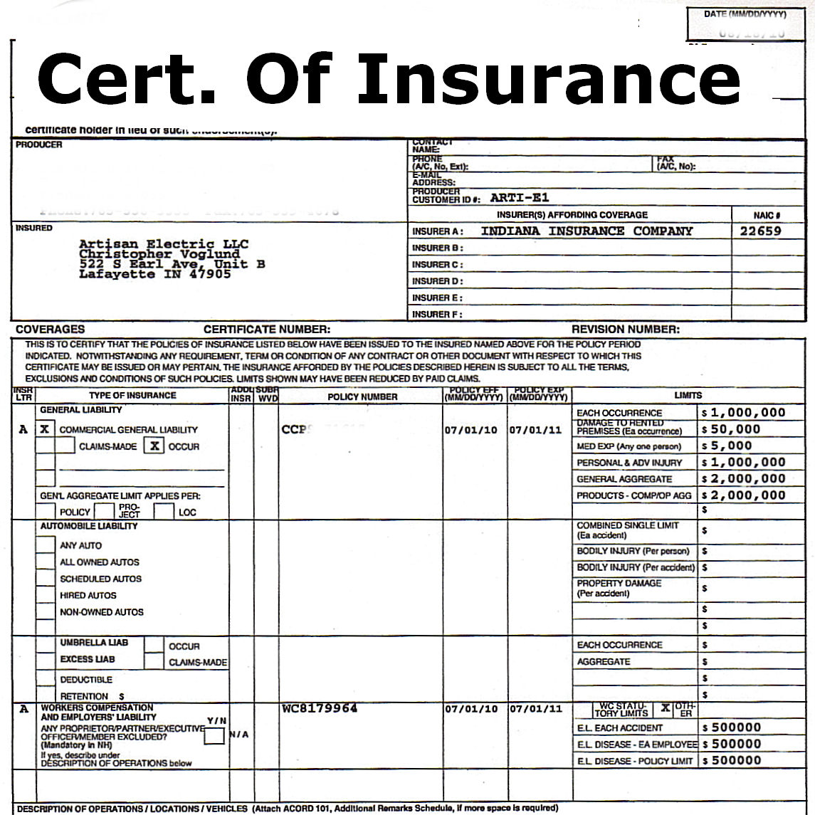 Insurance Certificate Template