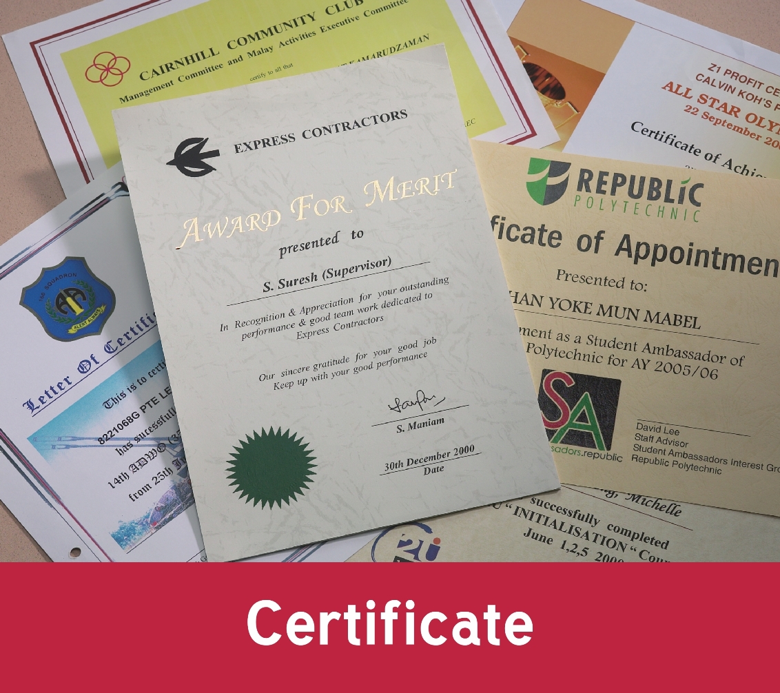 Certificates printing service Singapore Ultra Supplies Queensway 
