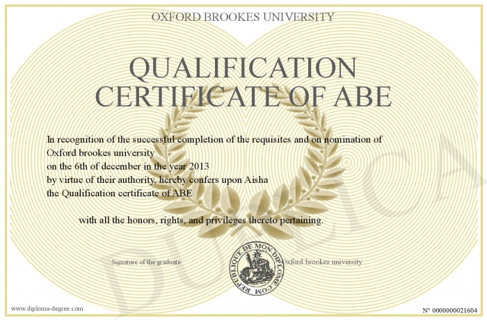 Qualification certificate of ABE