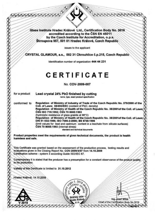 Certificate of quality Bohemia crystal