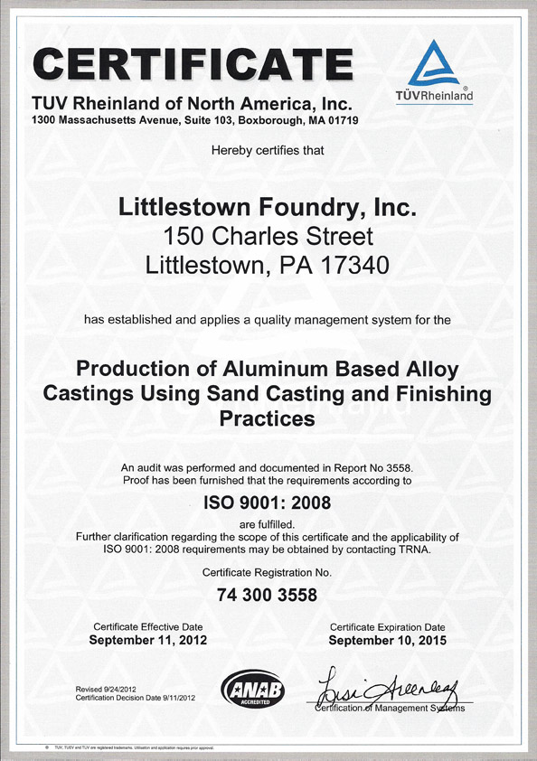 Littlestown Foundry, Inc. ISO Certificate of Quality System 