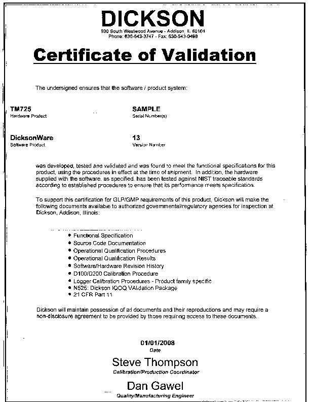 N520 Certificate of Validation | Dickson