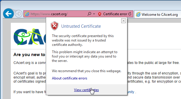 windows 7 Install SSL certificate from an untrusted website into 
