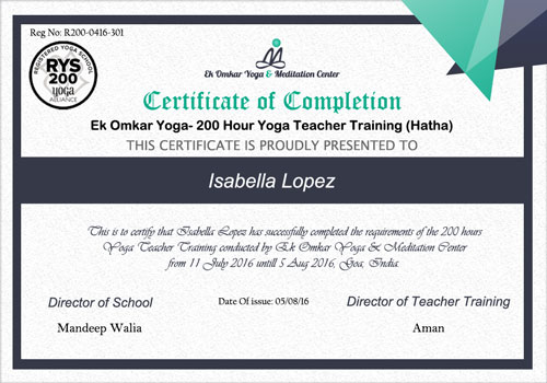 yoga certificate template 200 hr yoga teacher training course goa 