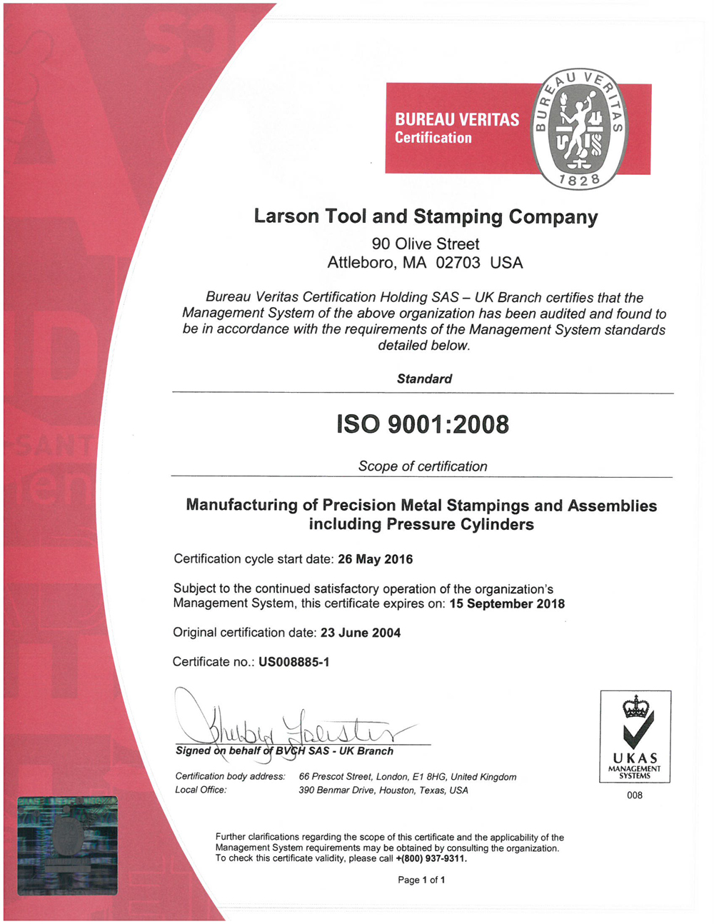 Certification ISO 9001:2008 Larson Tool