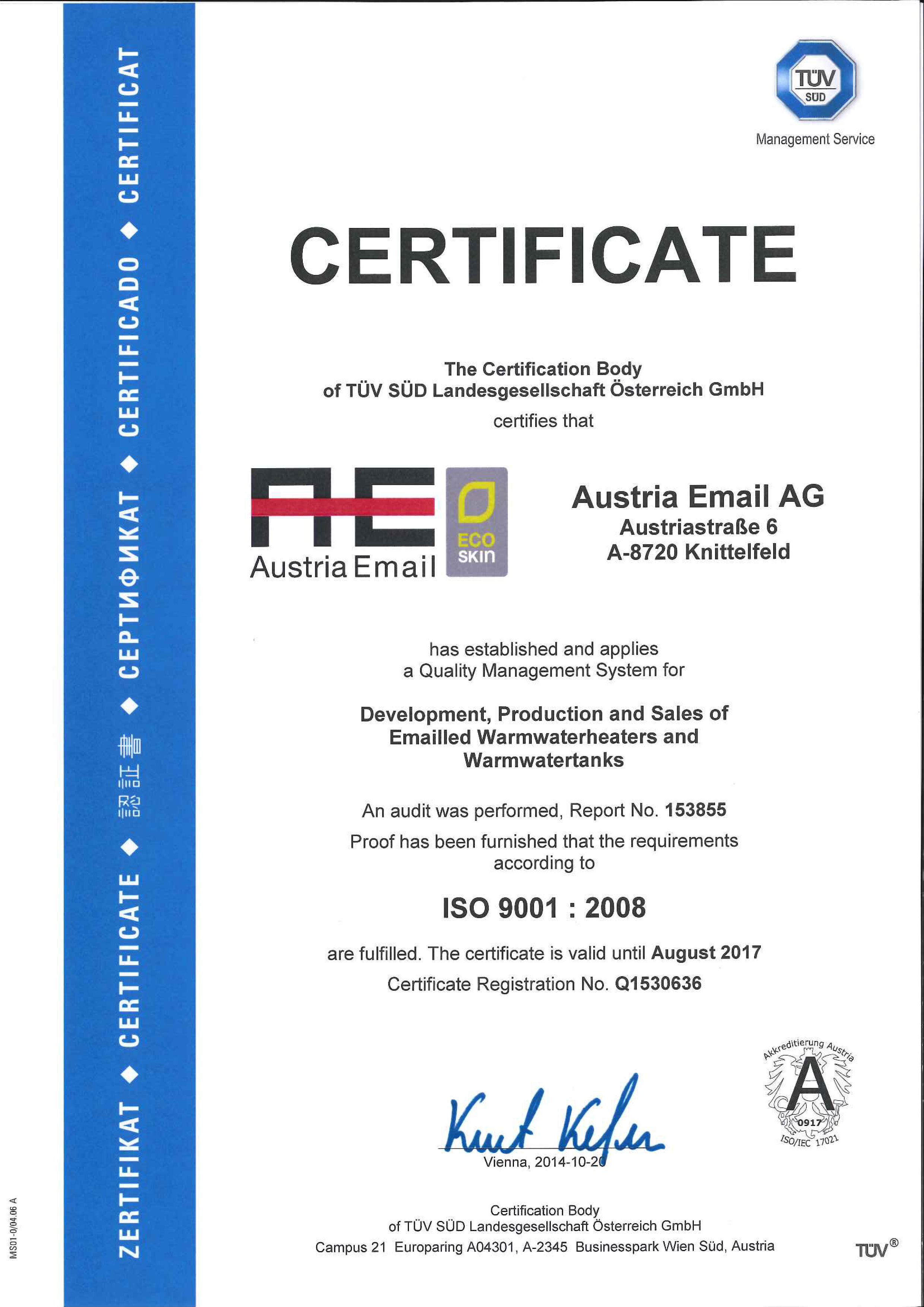 Austria Email AG Certificates ISO 9001 Ecoprofit award 