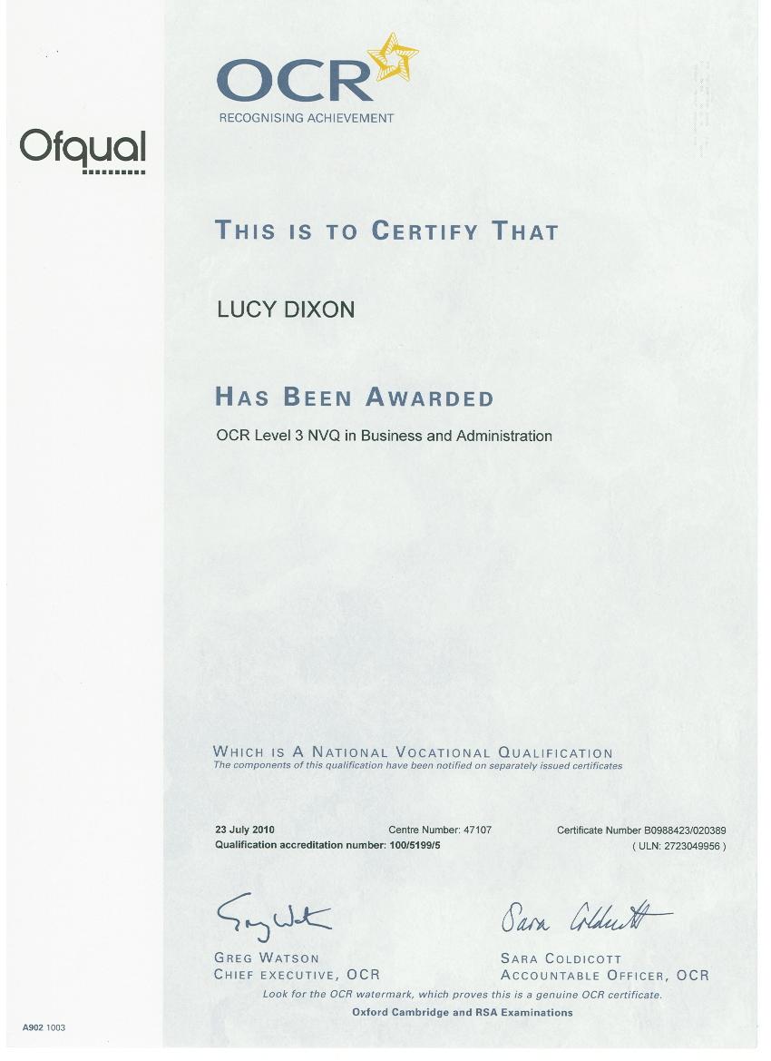 Lucy's NVQ Level 3 Business Administartion Certificate 21.04.11 