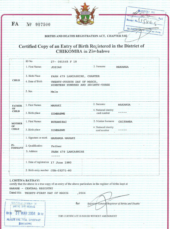 Zimbabwe Birth Certificate